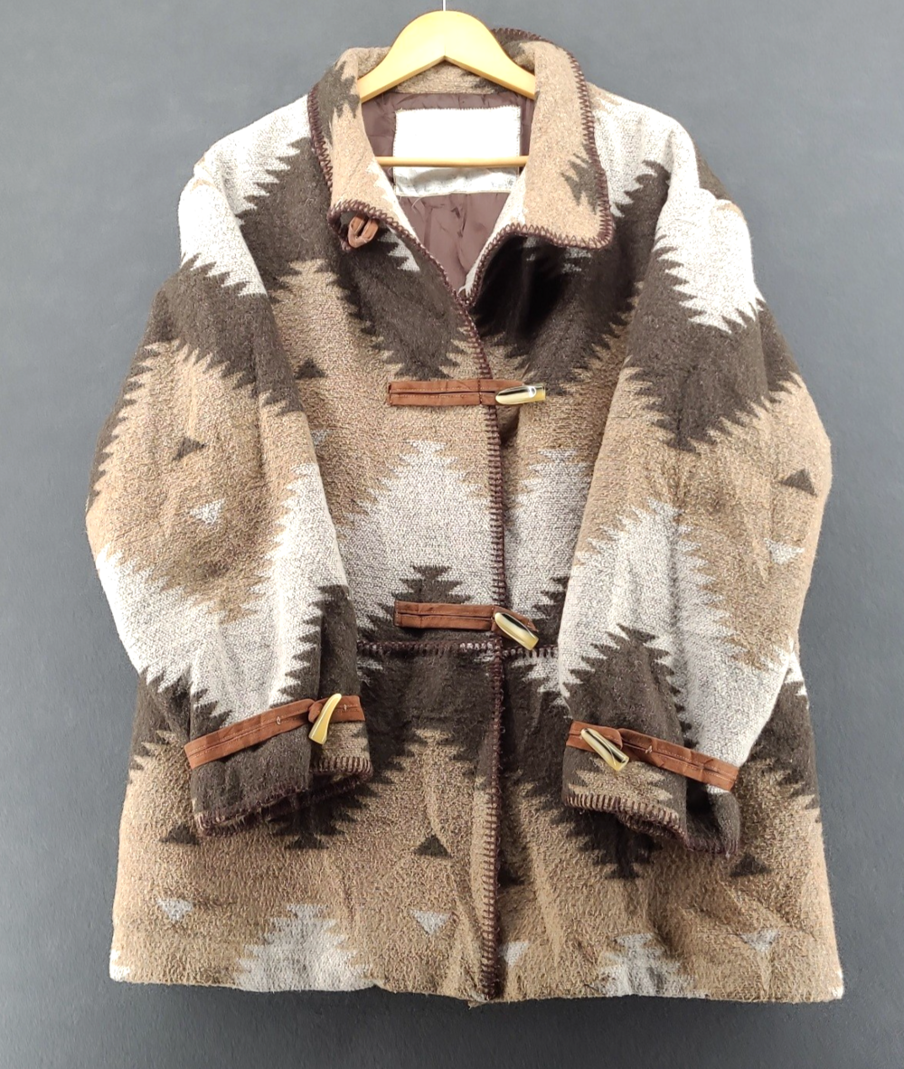 VTG Southwestern Aztec Wool Blanket Coat Brown Tan Horn Toggle Blanket Stitch L